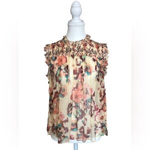 Ulla Johnson Silk Floral Ruffle Blouse Size 6 Cream Pink 100% Silk